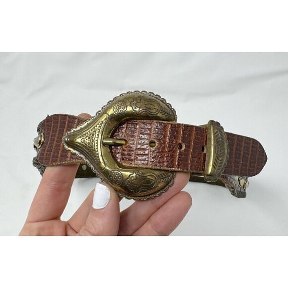 Neiman Marcus Metal Chain Gold Tone Mesh Brown Leather Belt Paisley Studded Sz 6 - Picture 4 of 12